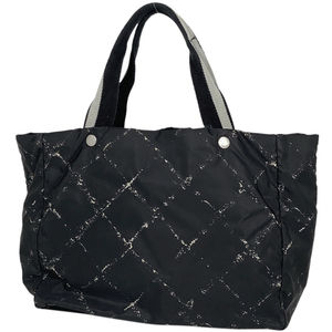 Chanel Old Travel Line Tote Bag Plaid Nylon Black